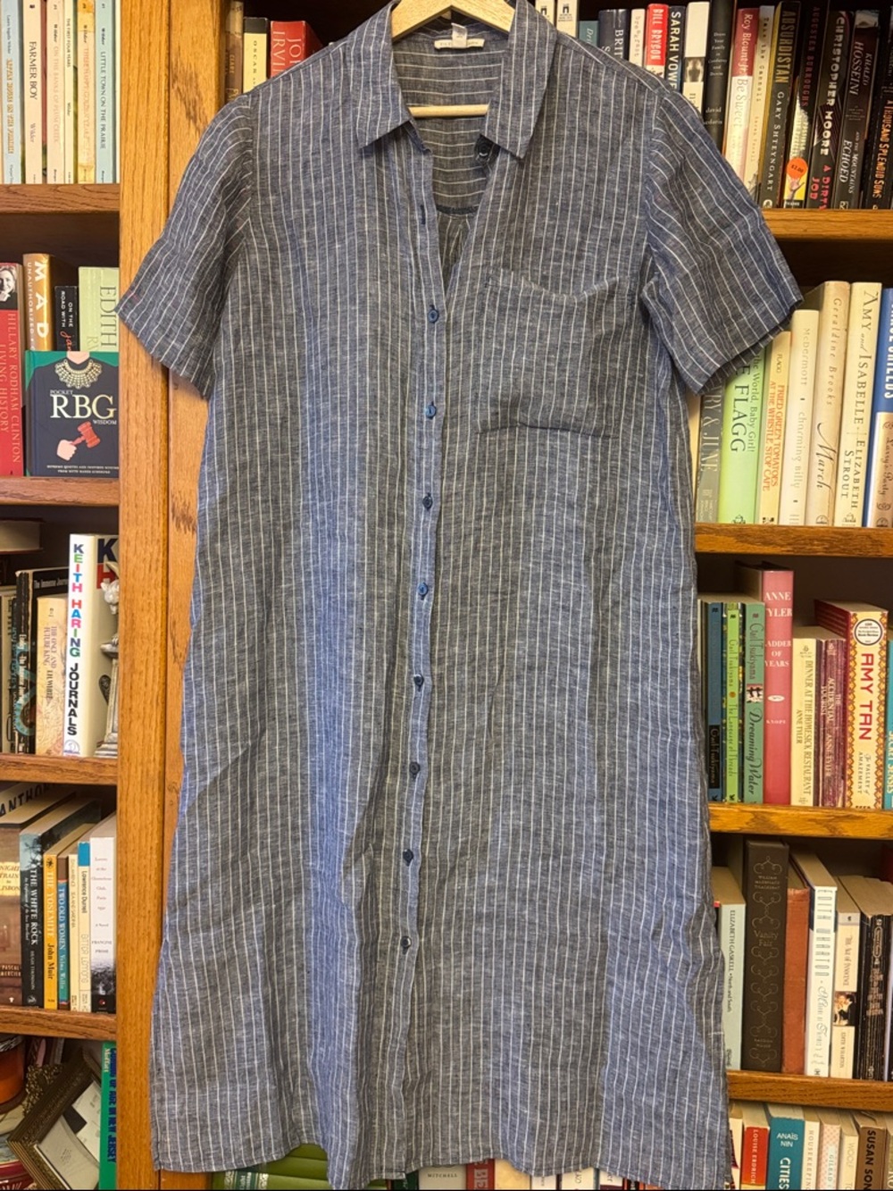 Eileen Fisher XXS 100% linen blue and white button up dress